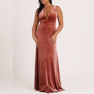 Jenny Yoo Logan Sleeveless Deep-V Velvet Column Maxi Gown, Cinnamon Rose, 22